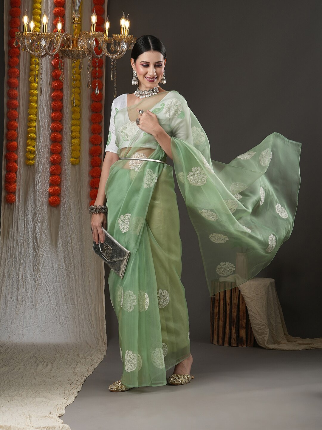 Saree Mall Olive Green & White Paisley Embroidered Organza Banarasi Sarees - Distacart