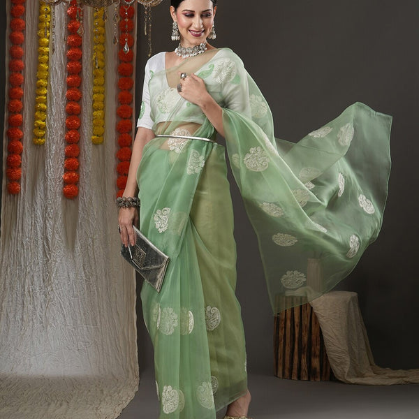Saree Mall Olive Green & White Paisley Embroidered Organza Banarasi Sarees - Distacart