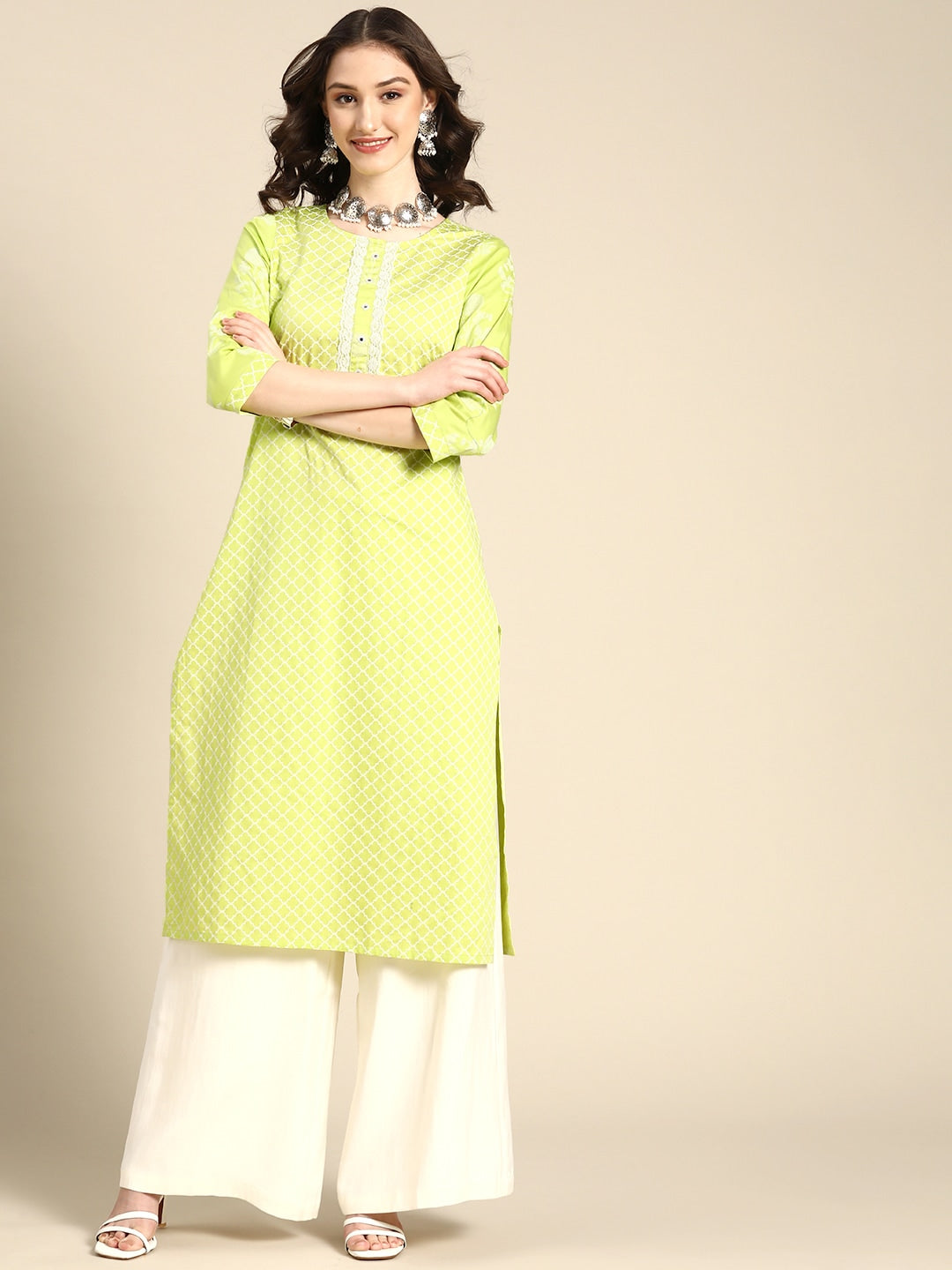 Sangria Women Lime Green Printed Satin Kurta - Distacart