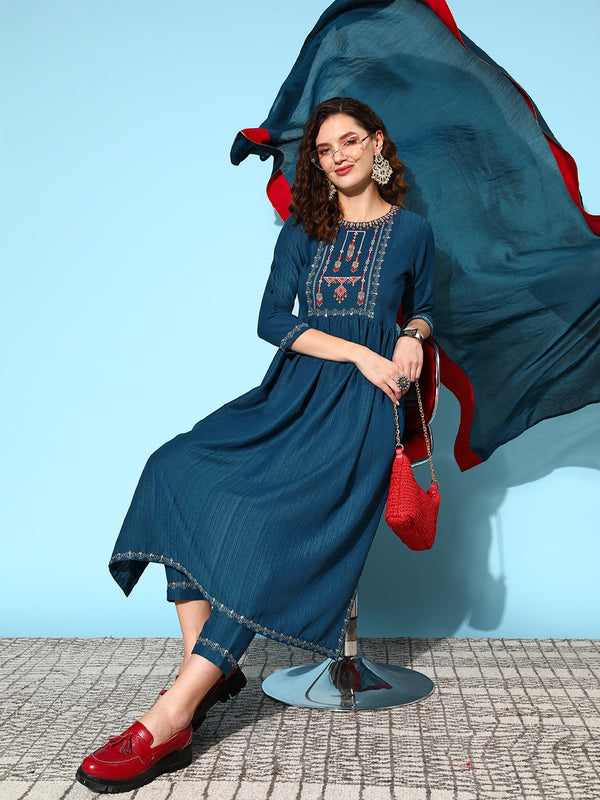 Sangria Ethnic Motifs Yoke Design Pleated Sequinned Kurta with Trousers & Dupatta - Distacart