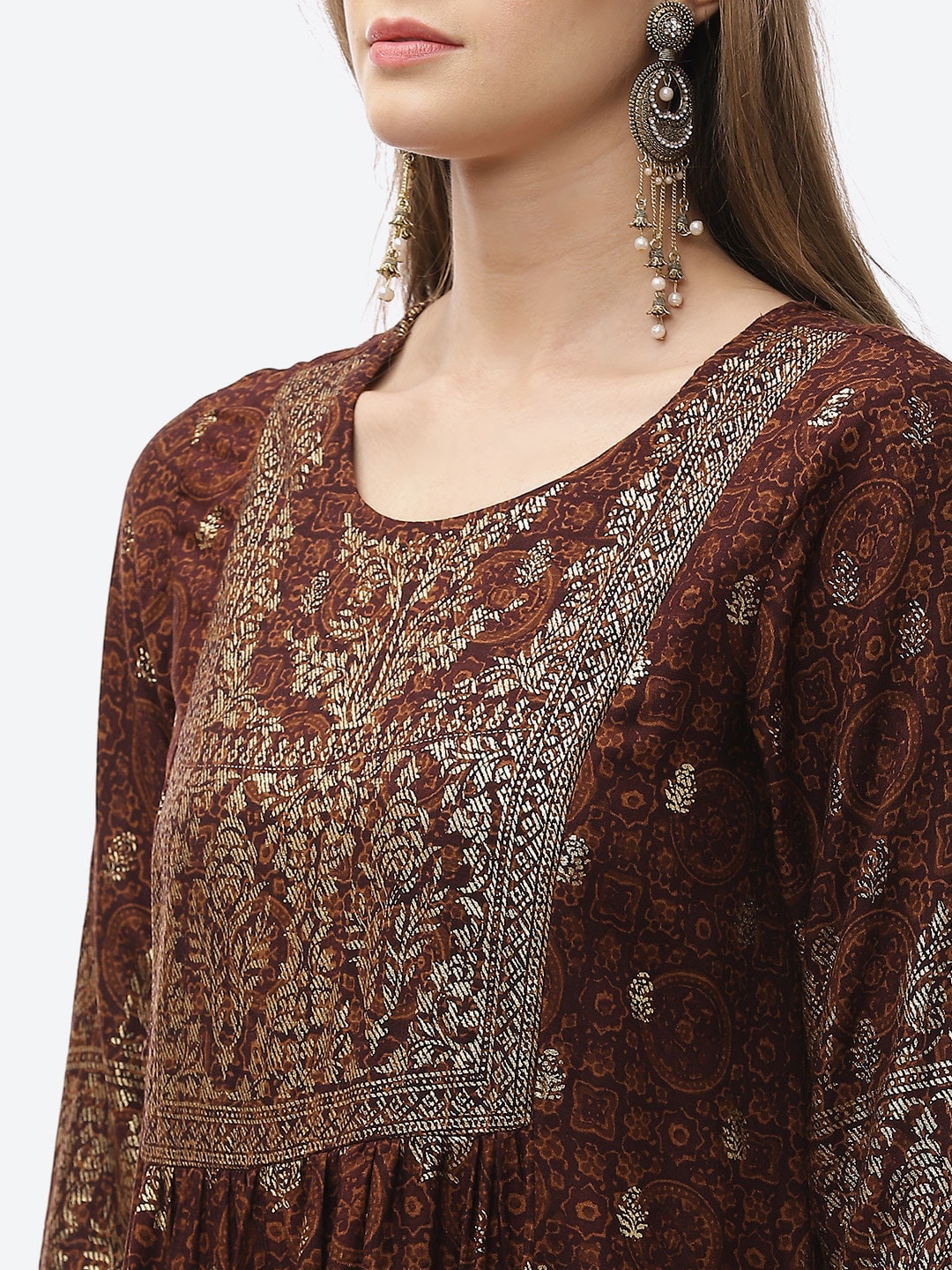 Biba Women Brown & Gold-Toned Printed Thread Work Anarkali Kurta - Distacart