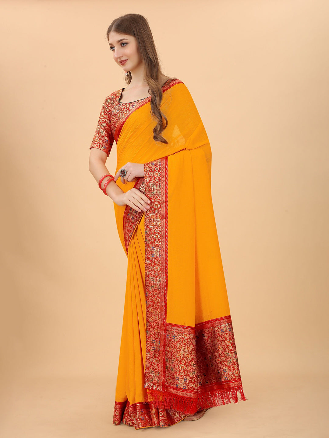 Kalini Yellow & Red Pure Silk Saree - Distacart