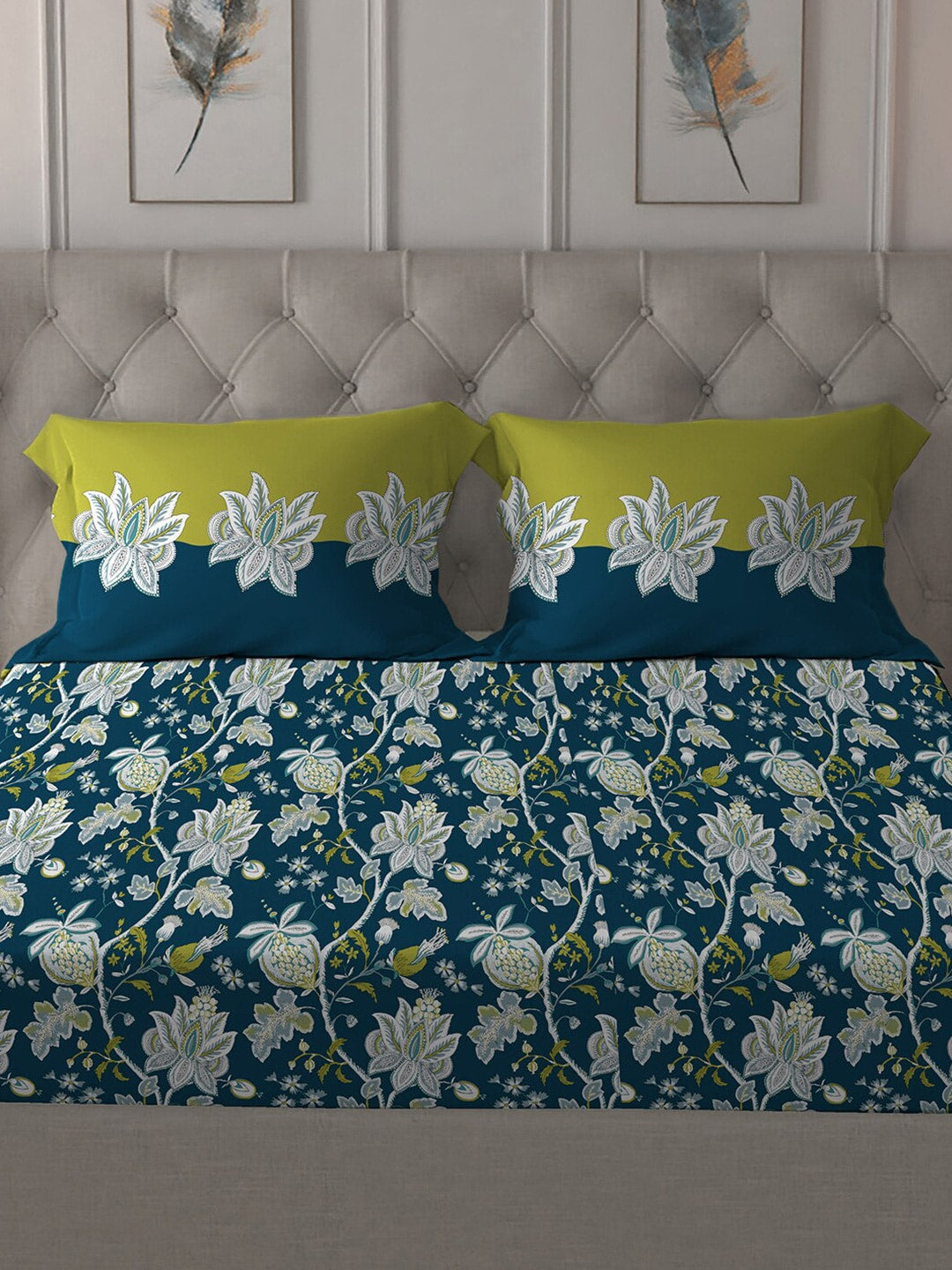 MYTRIDENT Blue White Floral Cotton 144 TC Queen Bedsheet With 2 Pillow Covers - Distacart