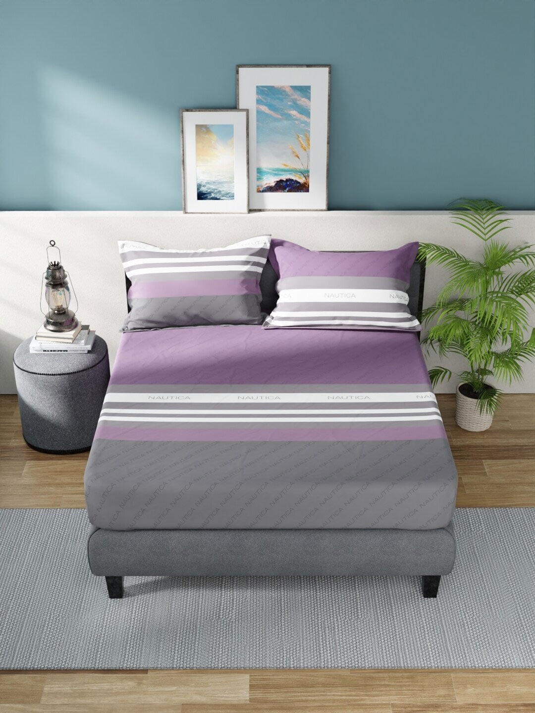 Nautica Bradford Purple & Grey Striped 160 TC Pure Cotton King Bedsheet & 2 Pillow Covers - Distacart
