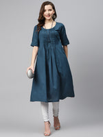 Thumbnail for Biba Women Teal Blue Solid A-Line Kurta - Distacart