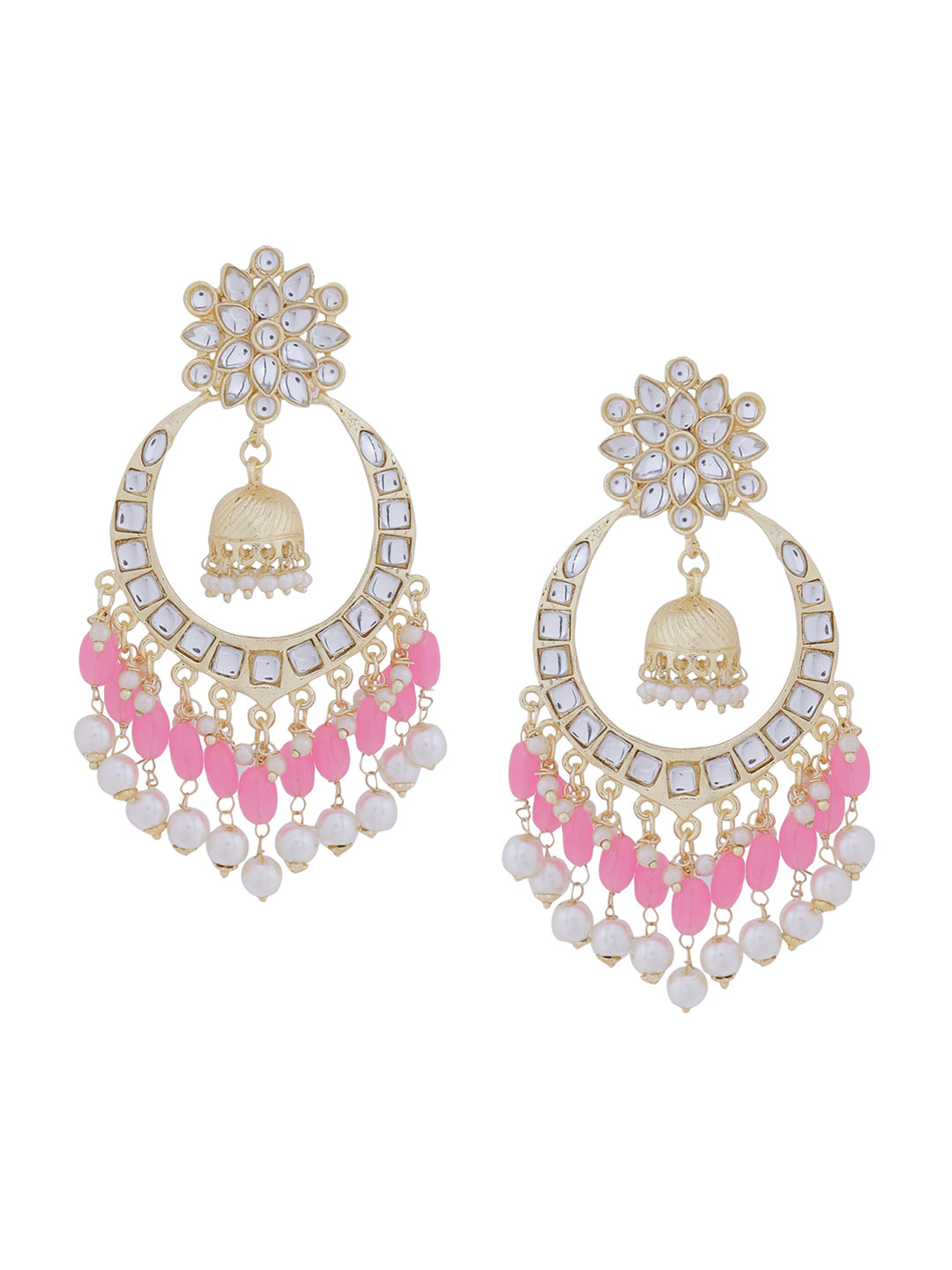 Shoshaa Pink & Gold-Toned Contemporary Kundan Drop Earrings With Pearls - Distacart