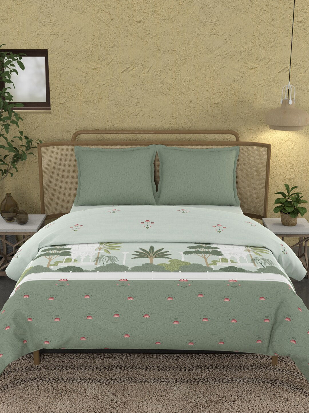MYTRIDENT Green & White Ethnic Motifs Cotton 144 TC King Bedsheet With 2 Pillow Covers - Distacart