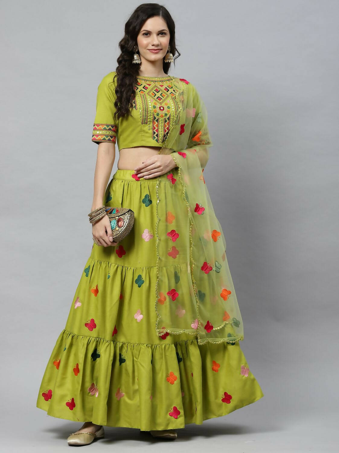 Green Cotton Embroidered Work Lehenga Choli with Dupatta - Jivika - Distacart