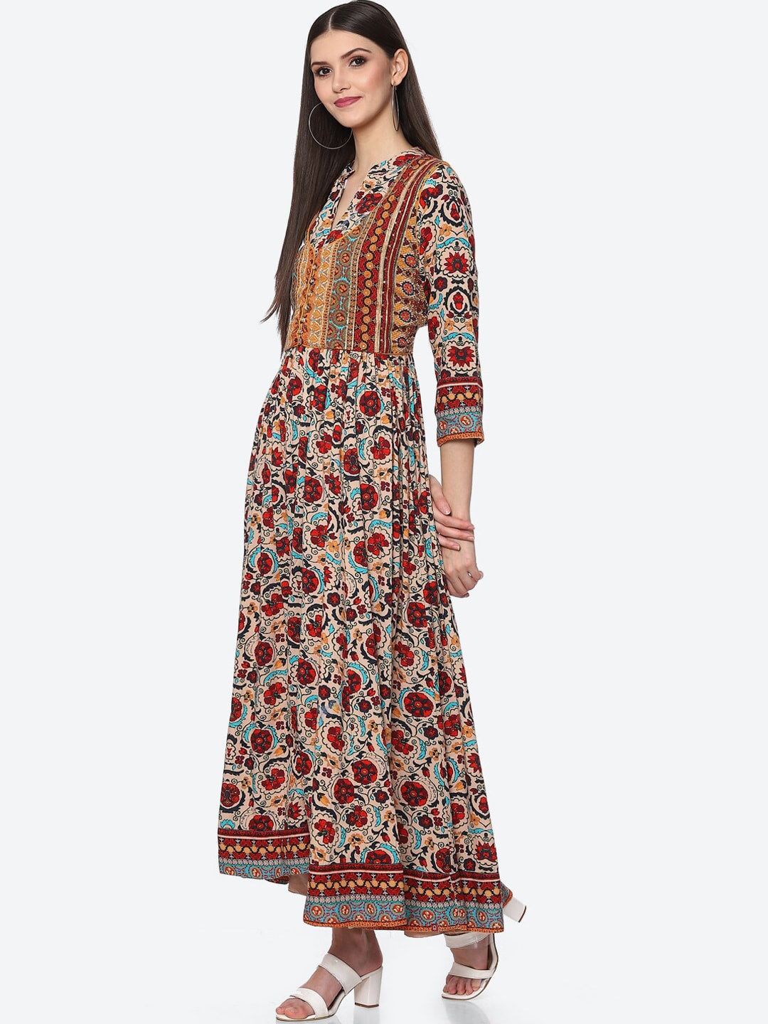 Biba Women Beige Floral Printed Anarkali Kurta - Distacart