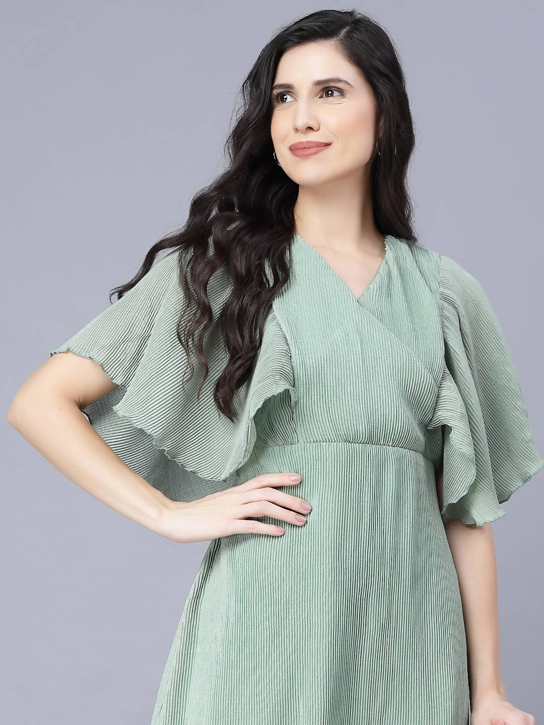 Myshka Chiffon Solid Short Sleeve V Neck Green Women Dress - Distacart