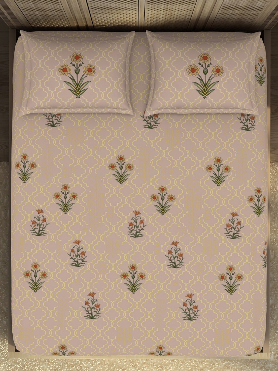 SPACES Pink & Green Ethnic Motifs Cotton 210 TC King Bedsheet With 2 Pillow Covers - Distacart
