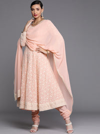 Thumbnail for Libas Pink & White Chikankari Embroidered Anarkali Kurta with Churidar & Dupatta - Distacart