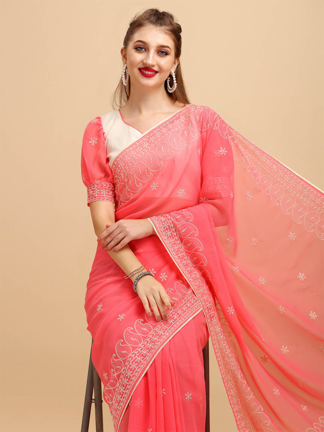 Sangria Rose & Gold-Toned Floral Chikankari Silk Blend Saree - Distacart