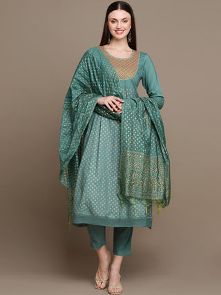 HERE&NOW Ethnic Motifs Embroidered Kurta with Trousers & Dupatta - Distacart