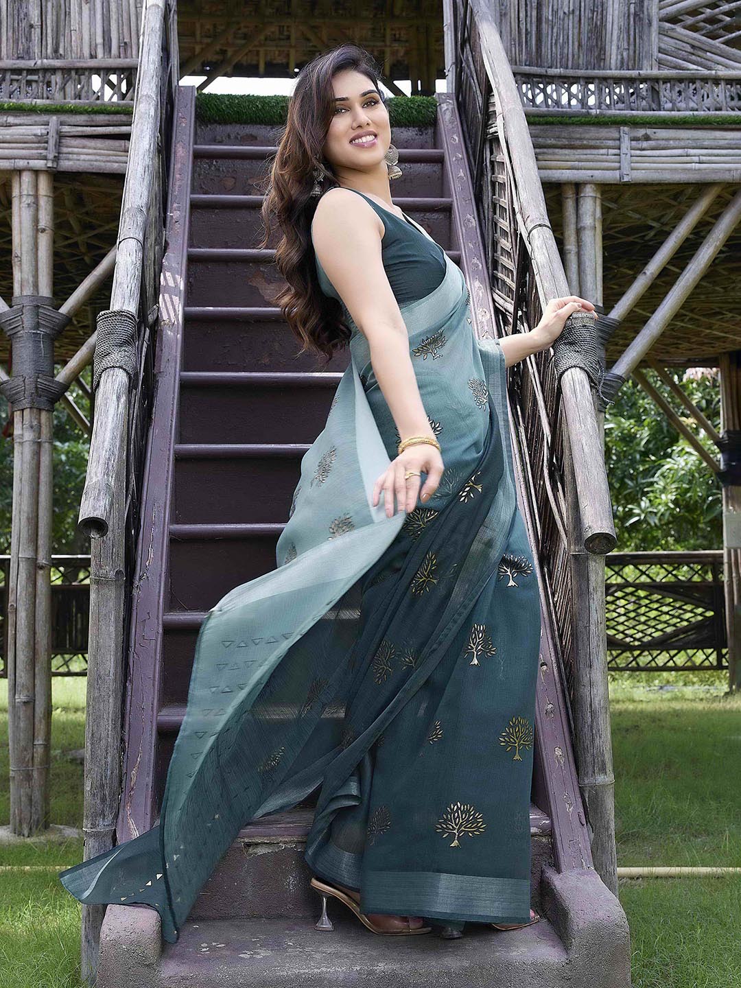 Kalini Turquoise Blue & Gold Ethnic Motifs Bagh Poly Cotton Saree - Distacart