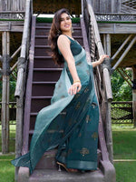 Thumbnail for Kalini Turquoise Blue & Gold Ethnic Motifs Bagh Poly Cotton Saree - Distacart