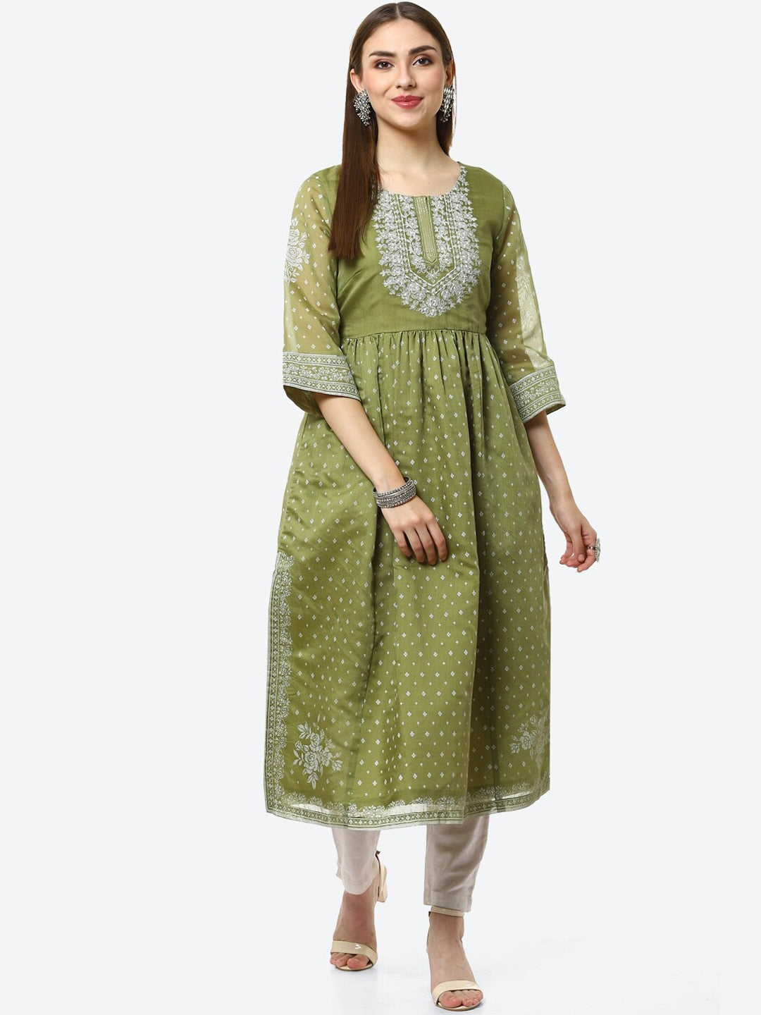 Biba Women Green Ethnic Motifs Printed Flared Sleeves Thread Work Anarkali Kurta - Distacart