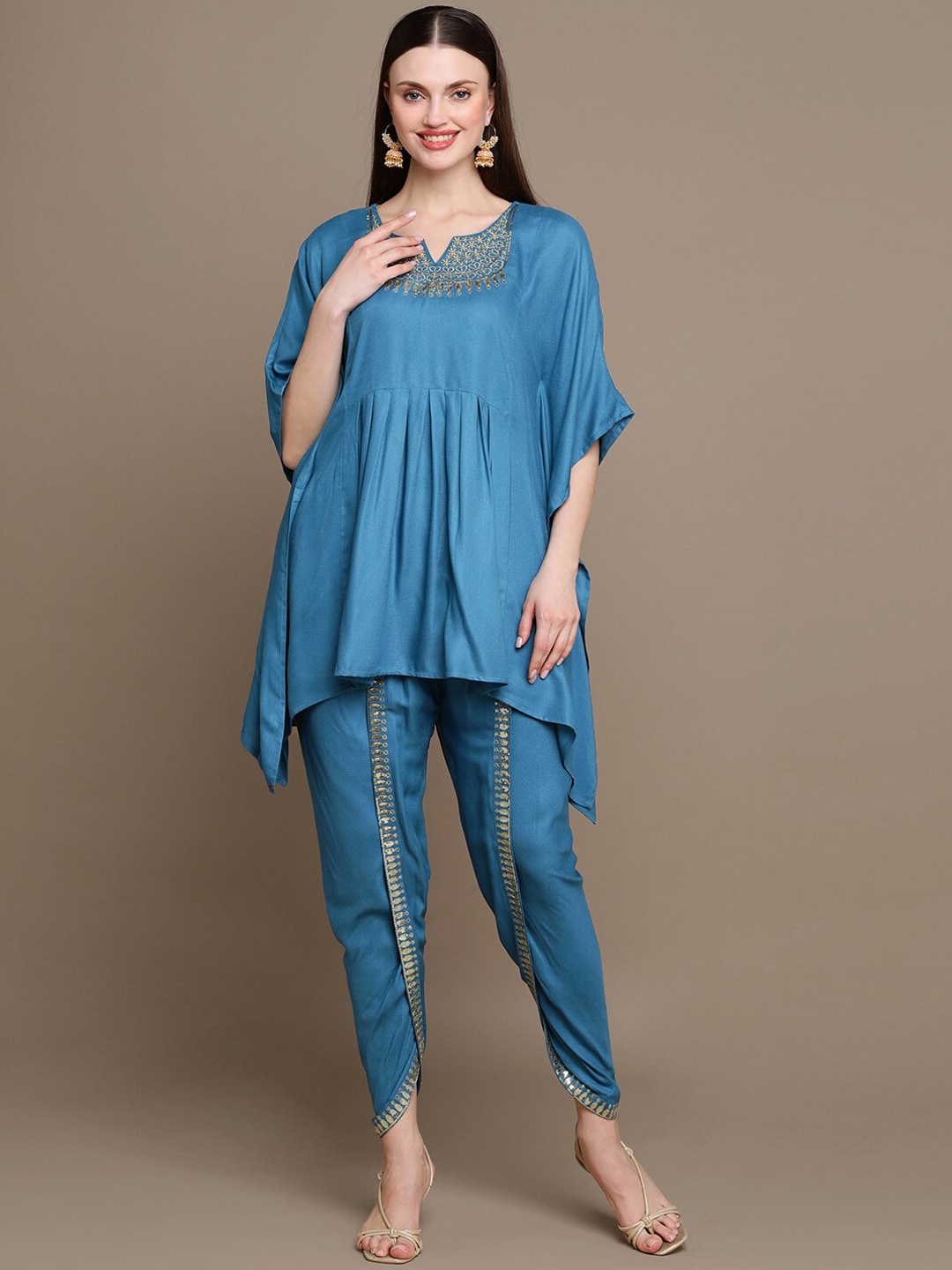 HERE&NOW Floral Embroidered Sequined Kaftan Kurti with Dhoti Pants - Distacart