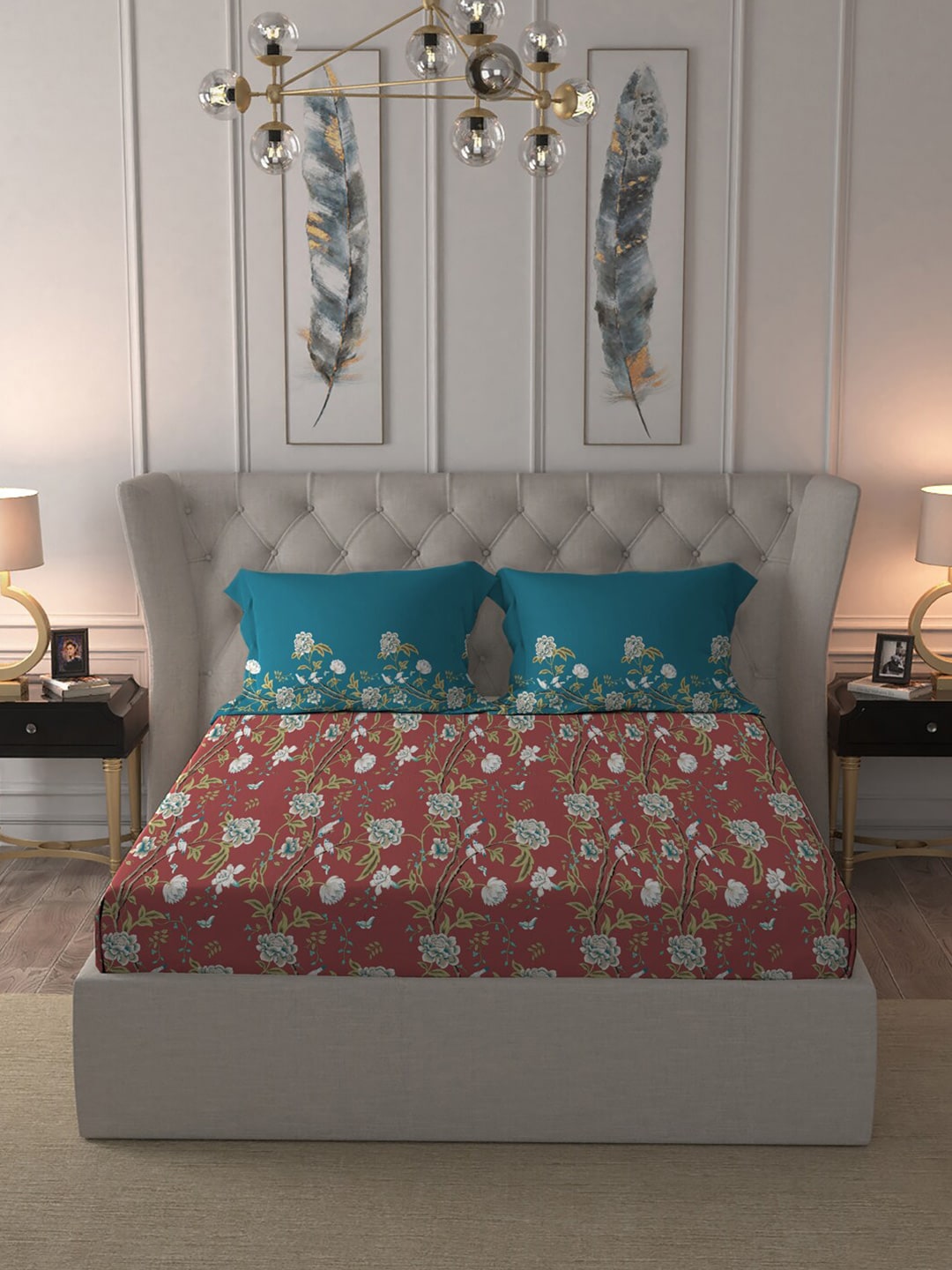 MYTRIDENT Maroon White Floral Pure Cotton 144 TC Queen Bedsheet With 2 Pillow Covers - Distacart