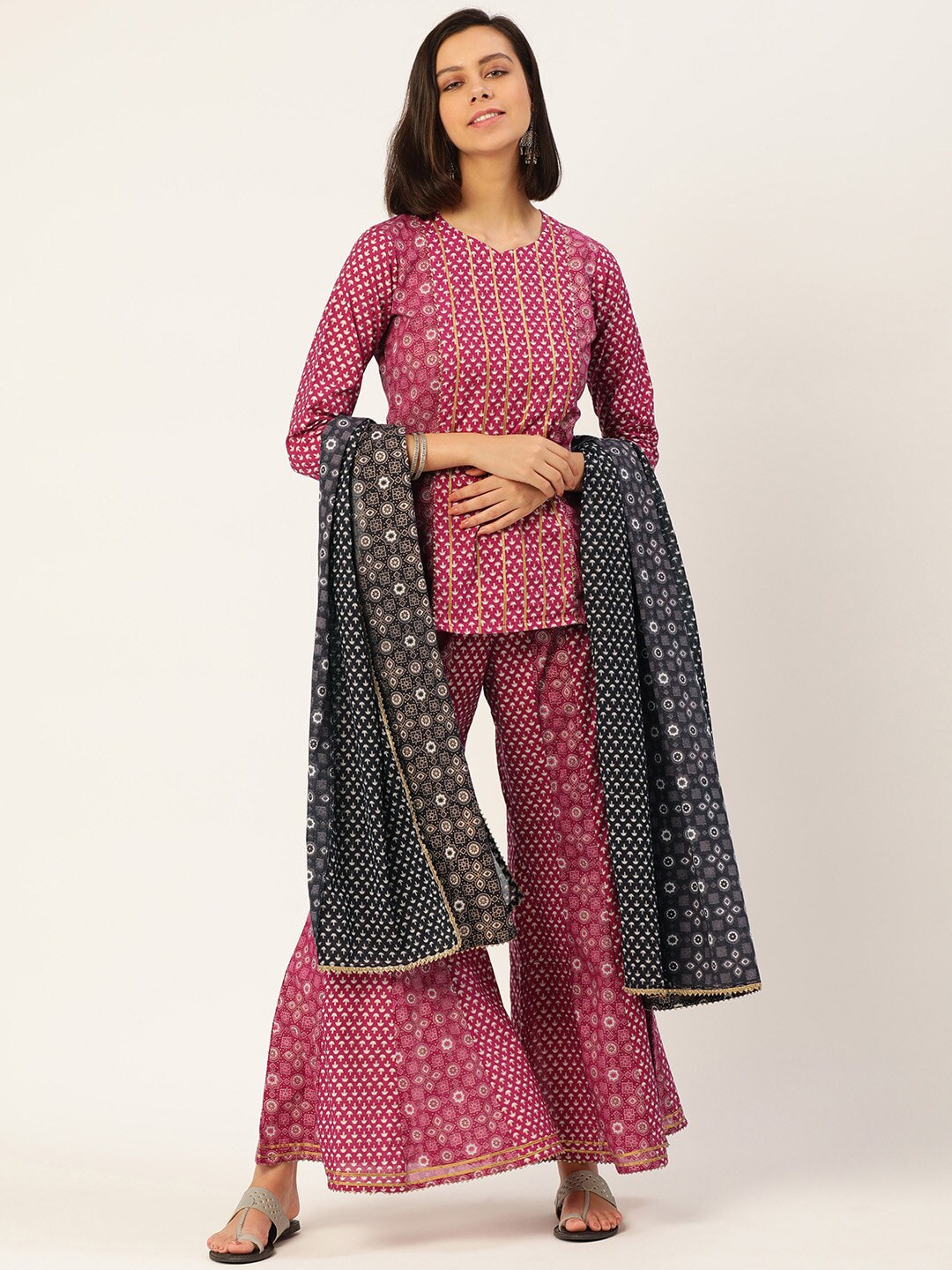 HERE&NOW Women Pink And Black Ethnic Printed Pure Cotton Kurti With Palazzo And Dupatta - Distacart
