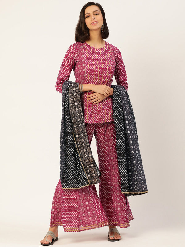 HERE&NOW Women Pink And Black Ethnic Printed Pure Cotton Kurti With Palazzo And Dupatta - Distacart