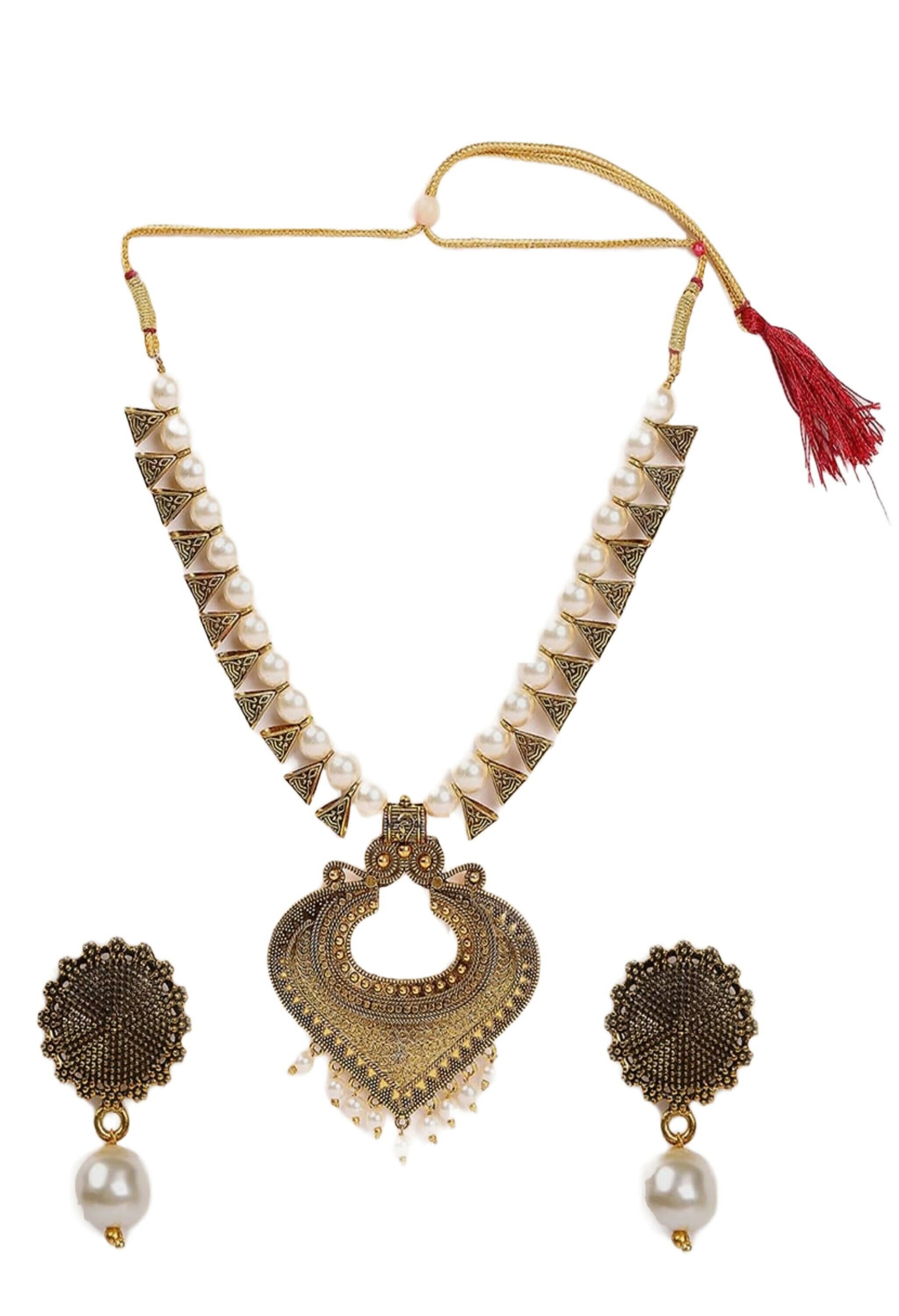 Mominos Fashion Joharkamal Oxidised Gold-Plated Pearls Work Long Necklace Handicraft For Women & Girls - Distacart