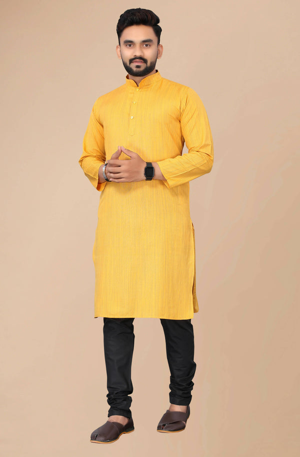 Men's Mustard Striped Cotton Kurta - Mahotsav - Distacart