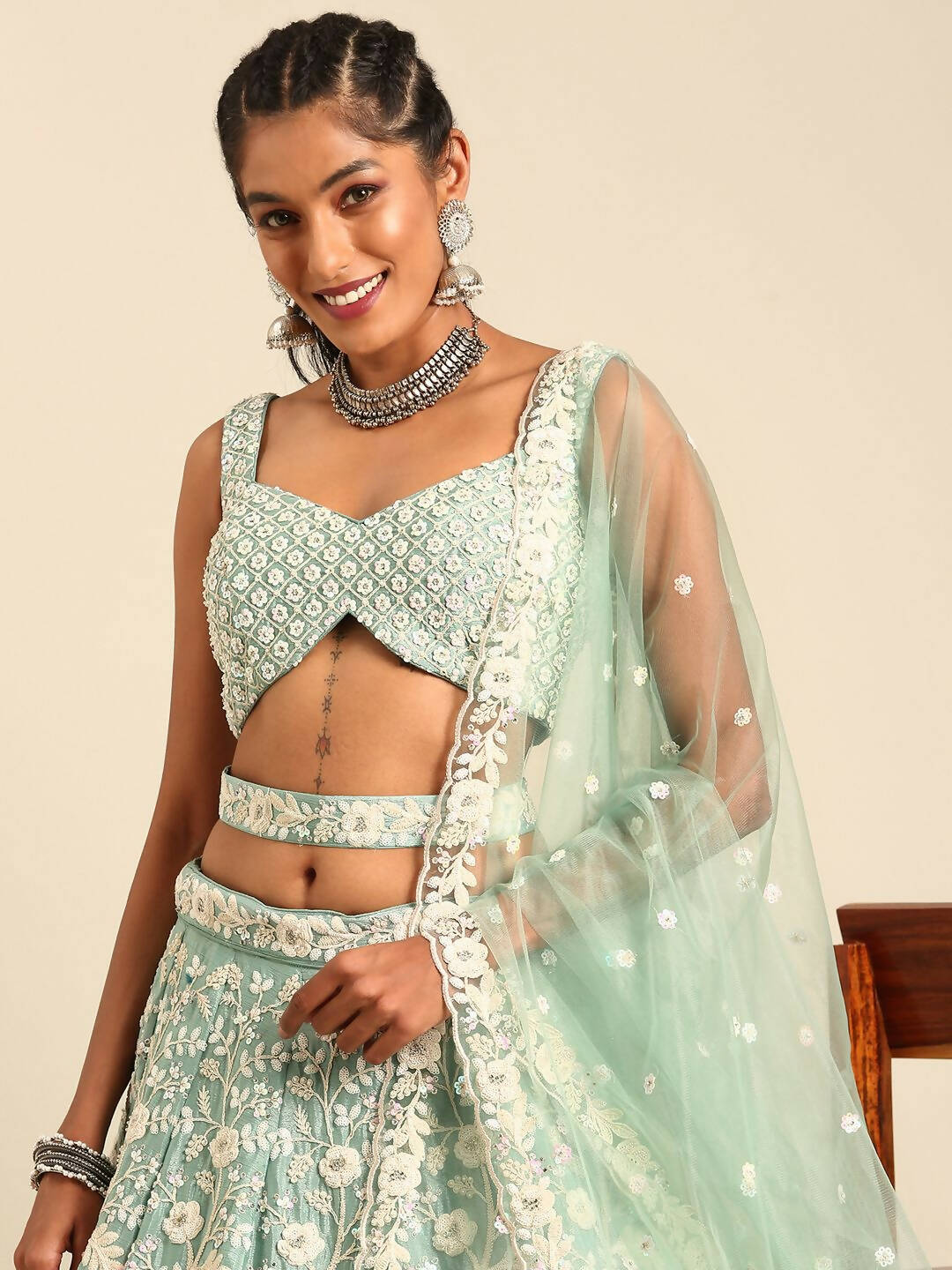 House of Panchhi Sea Green Chinon Sequins and Zarkan embroidery Lehenga choli & Dupatta - Distacart