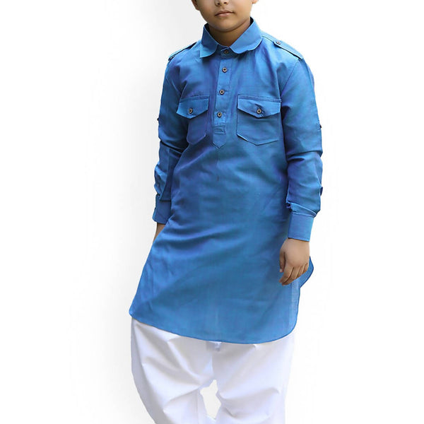 Manyavar Boys Blue Solid Cotton Blend Kurta Set - Distacart