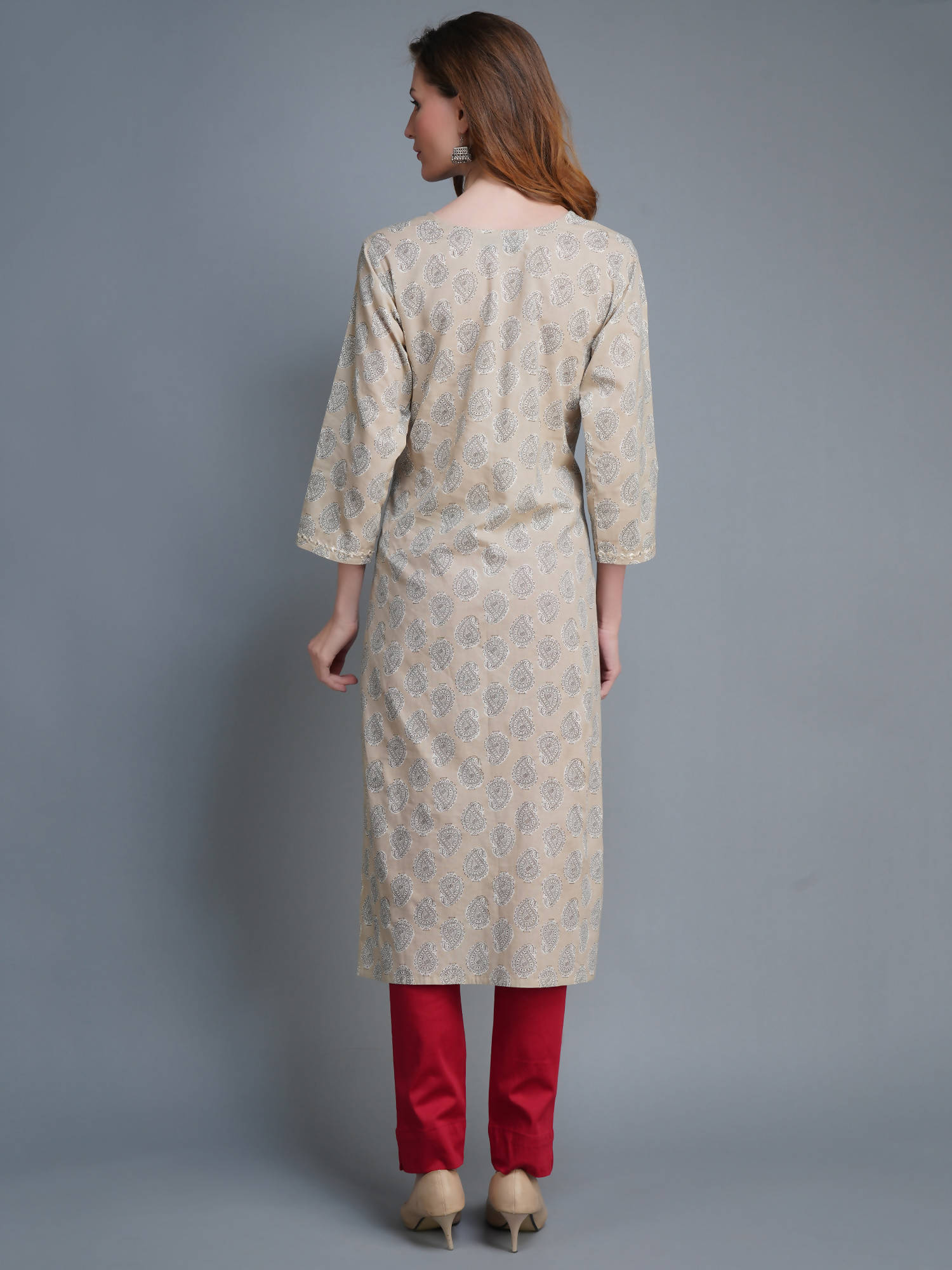 Shehnaai Dark Beige Kurta With Mirror Work And Rust Colour Thread Embroidery