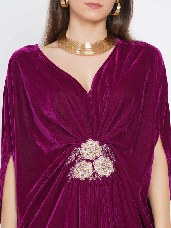 Women Republic Wine Velvet Embroiderd Gown - Distacart