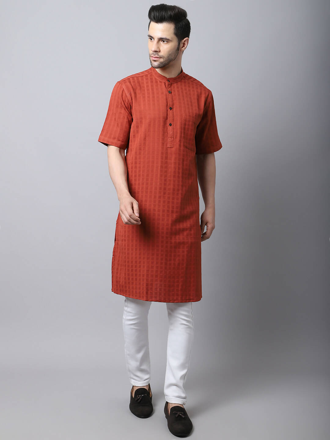 Even Apparels Red Pure Cotton Kurta With Band Collar - Distacart