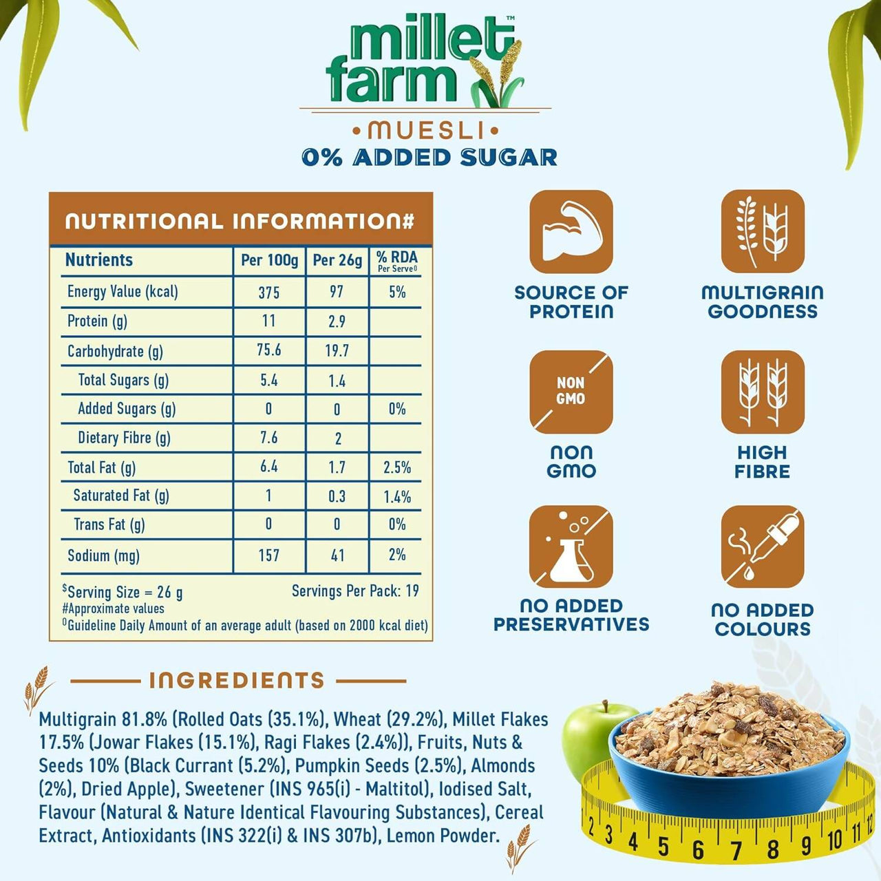 Bagrry's Millet Farm Muesli 0% Added Sugar with Jowar and Ragi - Distacart