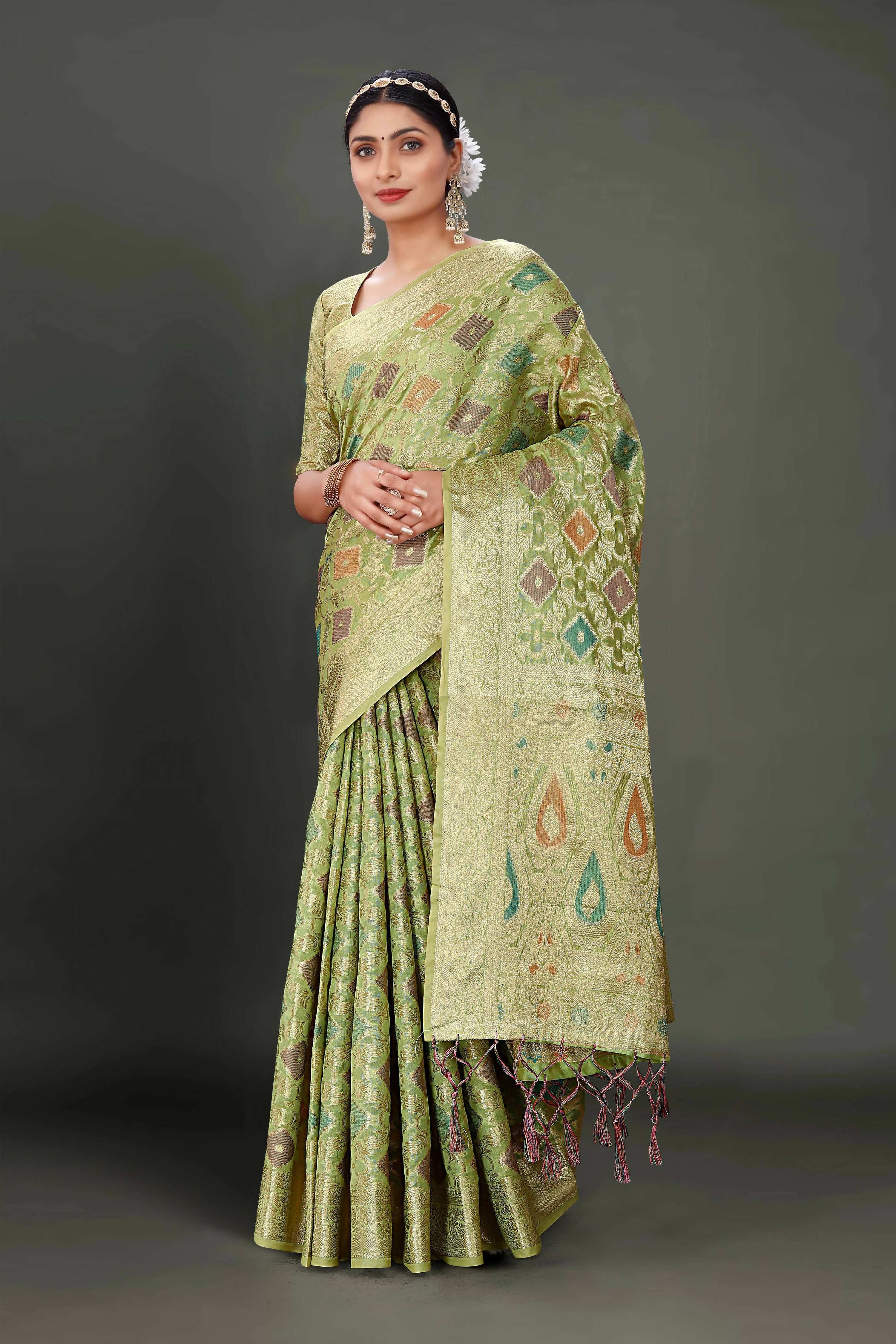 Green Soft Organza Woven Design Saree With Unstitched Blouse Piece - Zaara - Distacart