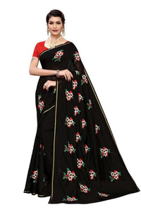 Thumbnail for Vamika Chanderi Cotton Embroidery Black Saree (Mogra Black)
