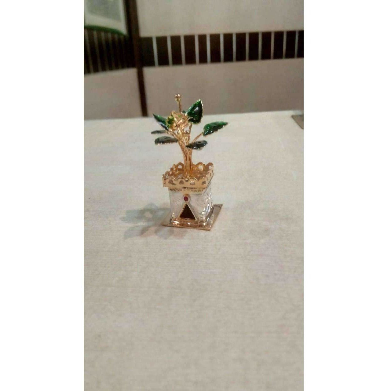 Silver and Gold Coated Decorative Tulsi Item with Green Leaf -Small Size / Tulsi Kota - Small Size - Distacart