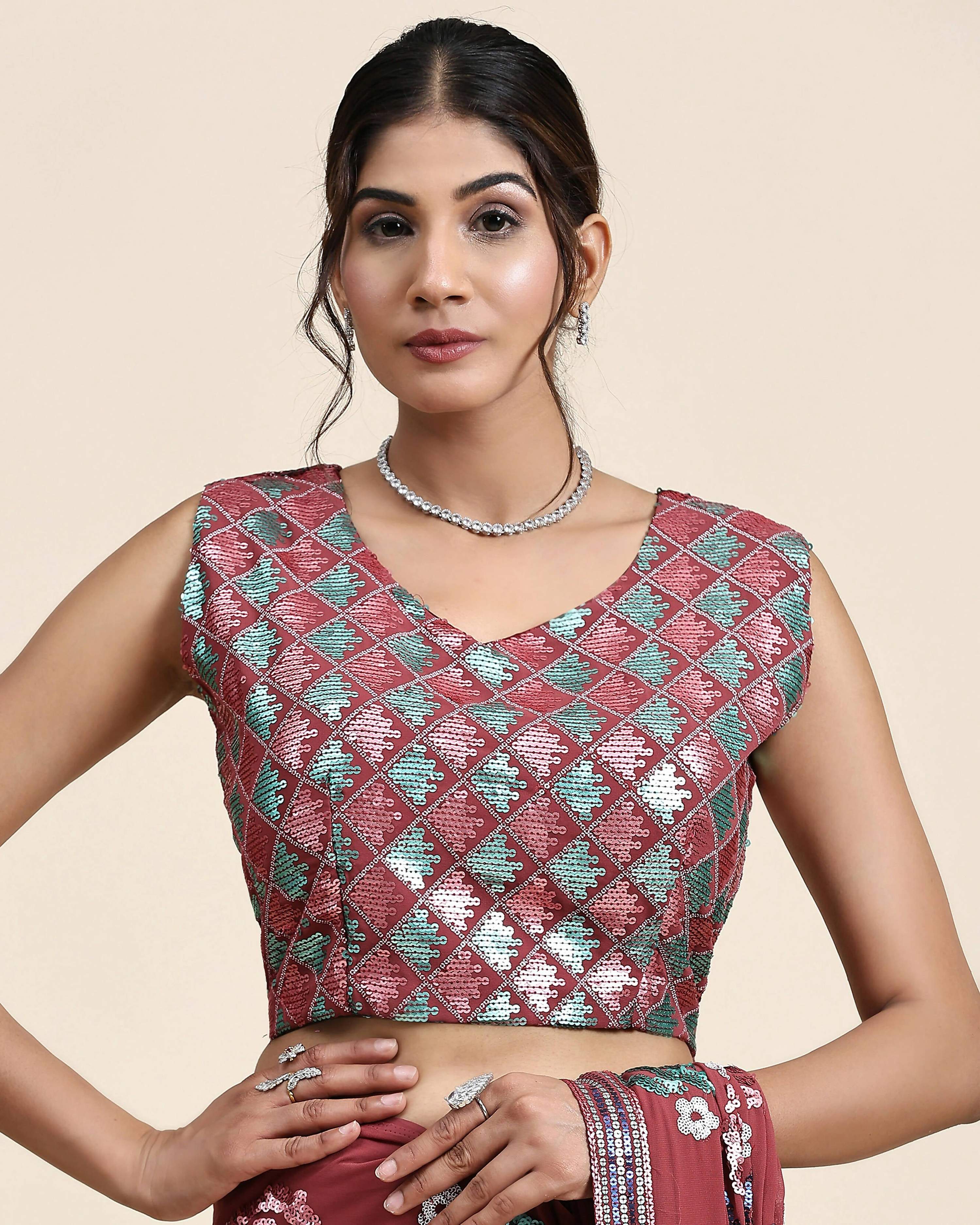 Peach Pure Georgette Sequence work Ready to wear Saree with stitched Blouse - Nirvana - Distacart