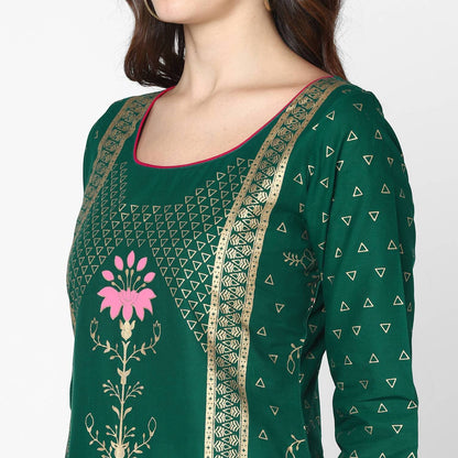 Cheera Hand Block Print Green Straight Kurta (MAAI-063K)