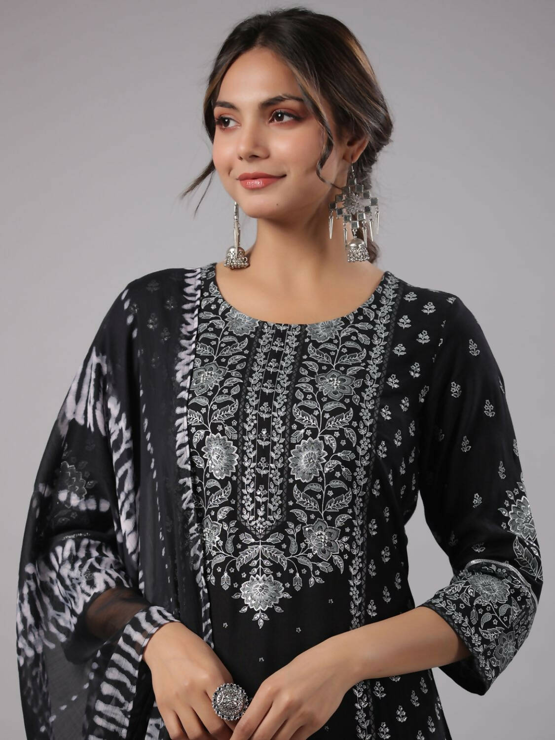 Juniper Women Black Rayon Staple Kalamkari Printed Kurta, Pants and Dupatta Set - Distacart