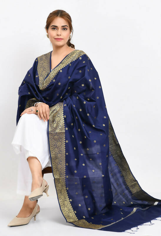 Mominos Fashion Moeza Women's Banarsi Silk Woven Design Navy Blue Dupatta - Distacart