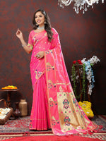 Thumbnail for Lorenvalley Fashion Pink Soft Paithani Silk Woven Design Gold Zari Meenakari Weaving Saree - Distacart