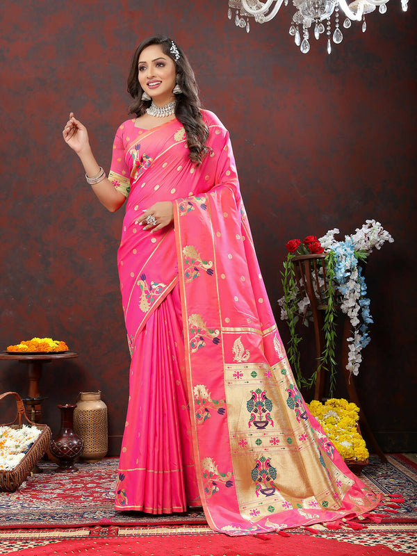Lorenvalley Fashion Pink Soft Paithani Silk Woven Design Gold Zari Meenakari Weaving Saree - Distacart