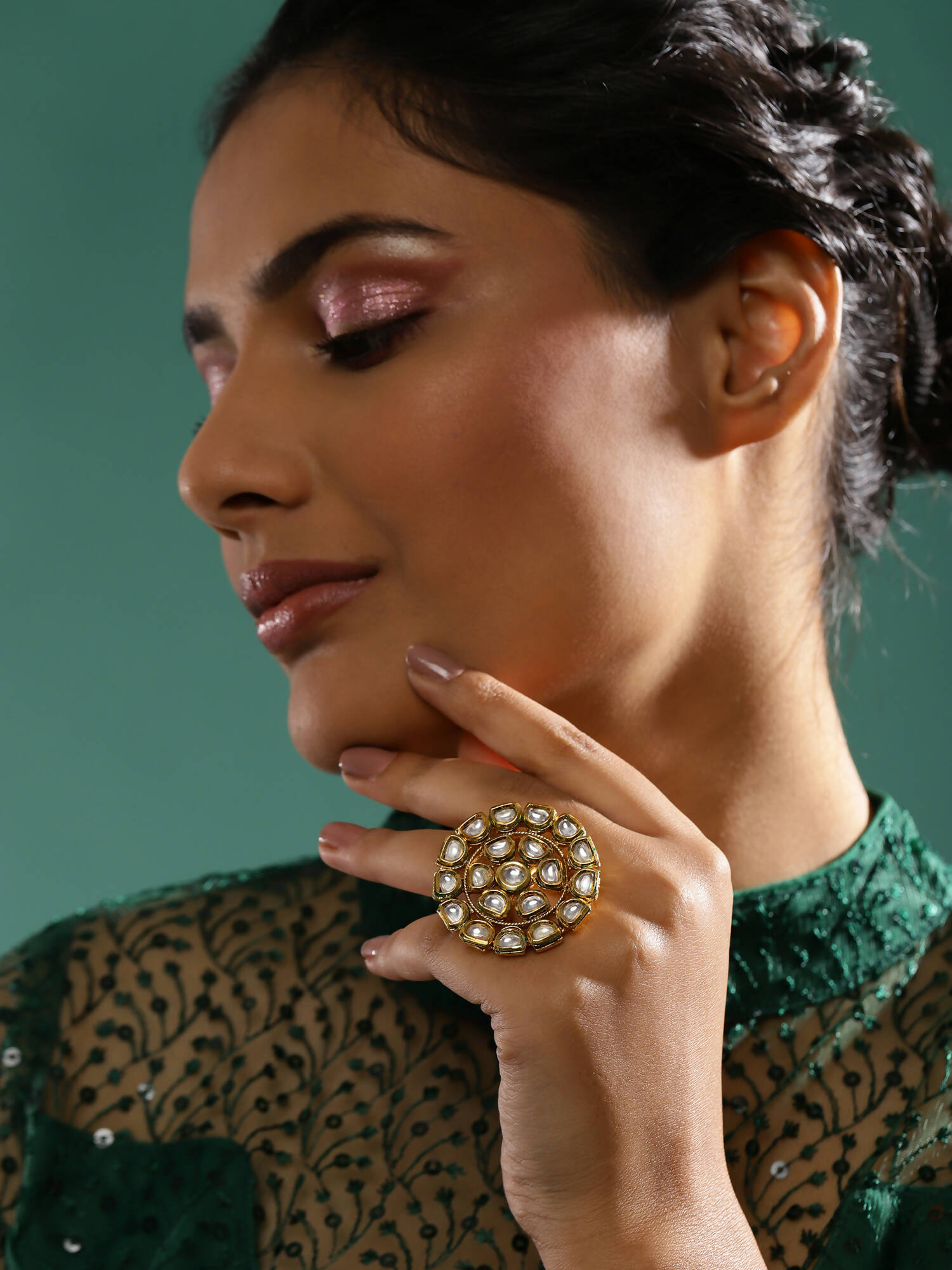 Gold-Plated White Kundan Studded Adjustable Finger Ring - Ruby Raang - Distacart