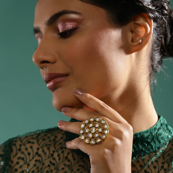 Gold-Plated White Kundan Studded Adjustable Finger Ring - Ruby Raang - Distacart