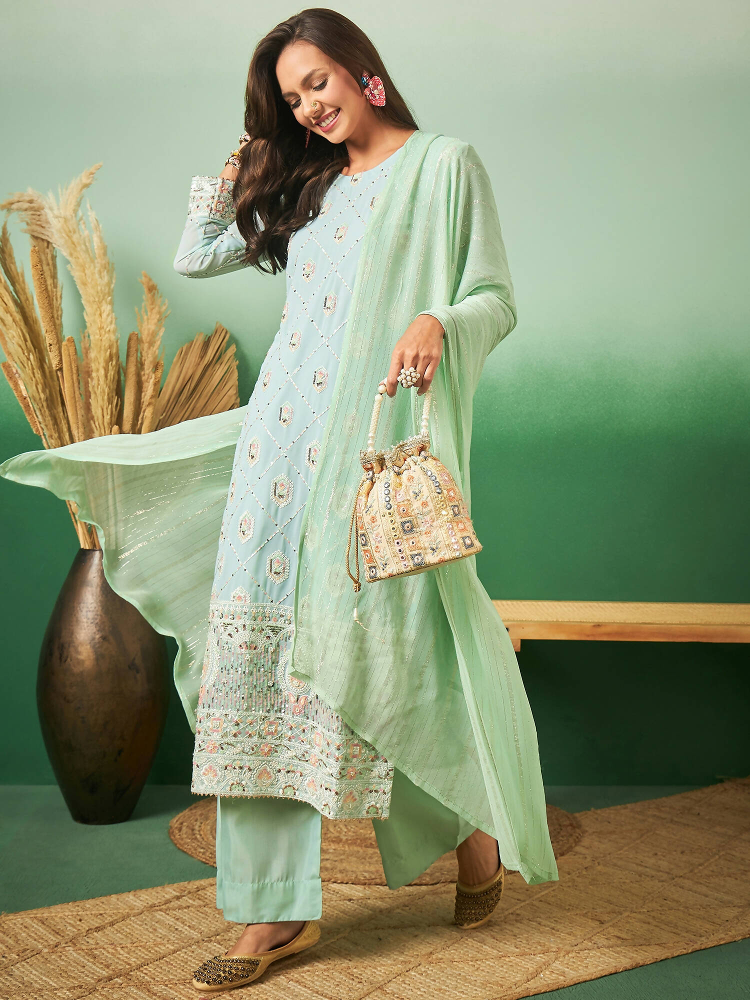 Sea Green Georgette Handwork Unstitched Dress Material - Hanika - Distacart