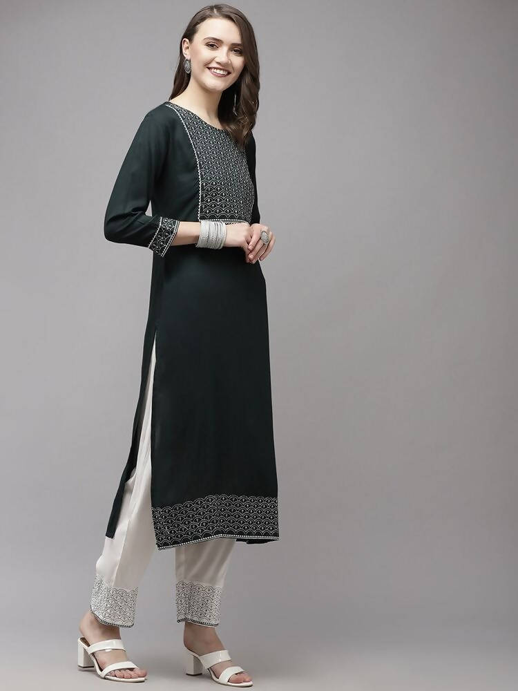 Yufta Women Green Yoke Design Regular Sequinned Kurta with Palazzo & With Dupatta