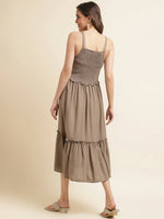 Thumbnail for Brown Cotton Solid Flared Dress with Printed Shrug - Yukti - Distacart