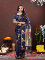 Thumbnail for Lorenvalley Fashion Navyblue Soft Paithani Silk Woven Design Gold Zari Meenakari Weaving Saree - Distacart