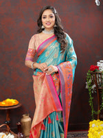 Thumbnail for Lorenvalley Fashion Skyblue Kanjivaram Silk Woven Design with Zari Weaving Saree - Distacart