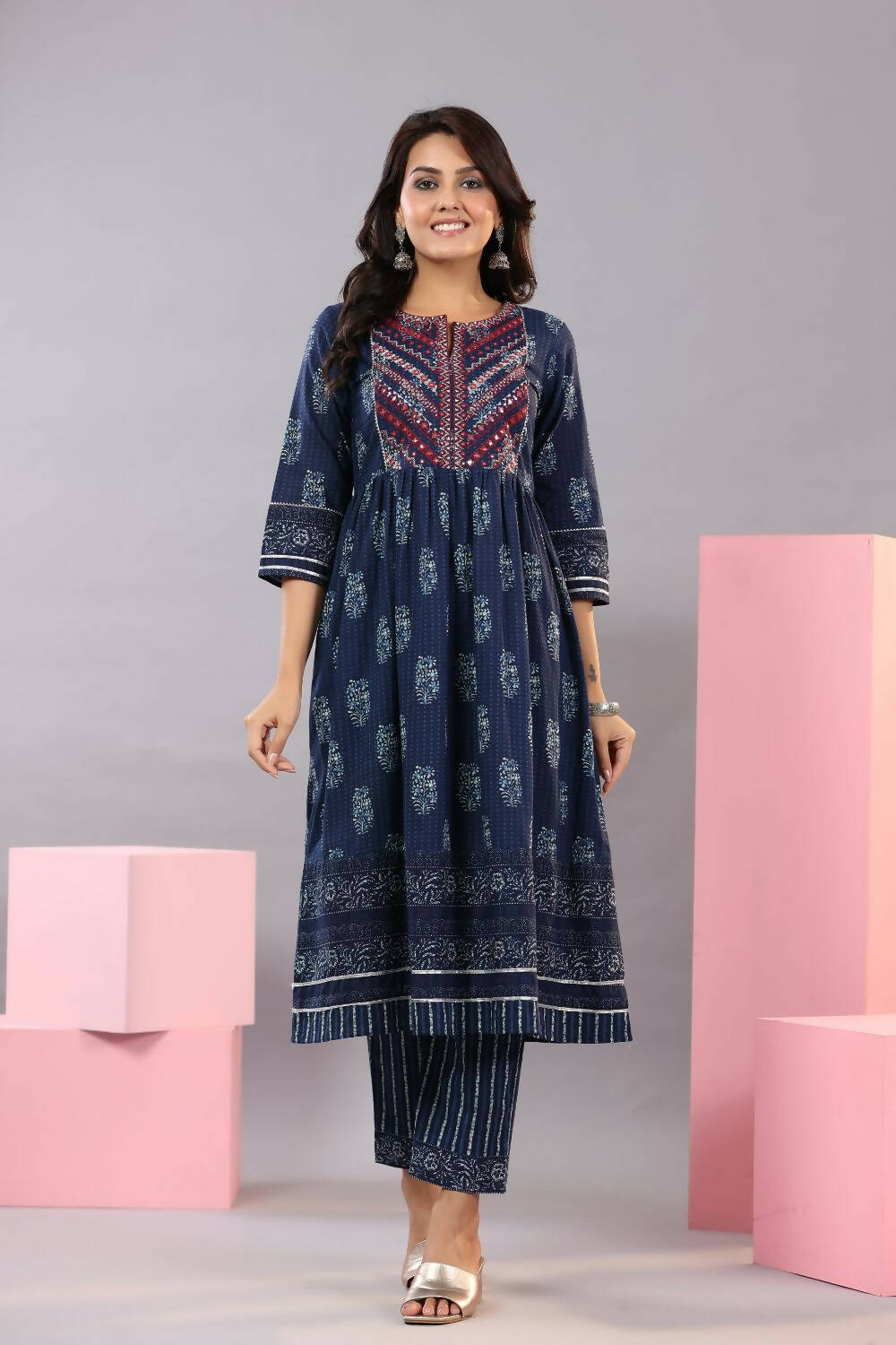 Juniper Women Indigo Cotton Cambric Batik texture Printed Kurta, Pants and Dupatta Set - Distacart
